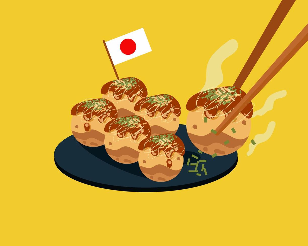 takoyaki, bolas de pulpo, estilo de vector de dibujos animados de comida japonesa para su diseño.