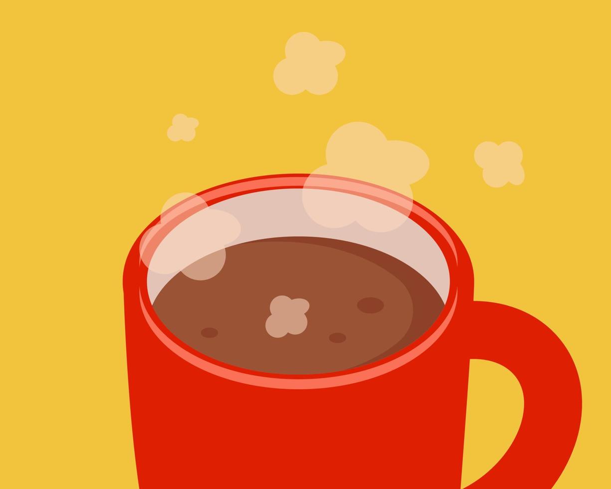 cierre el café caliente en una taza roja. estilo de vector de dibujos animados para su diseño