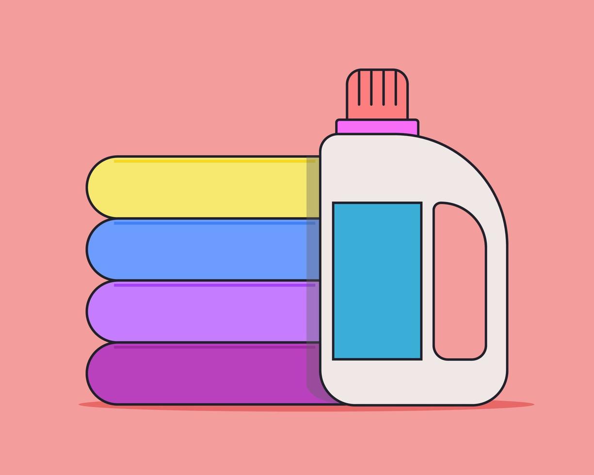 pila de muchos colores de ropa y botella de detergente en polvo. estilo de vector de dibujos animados para su diseño