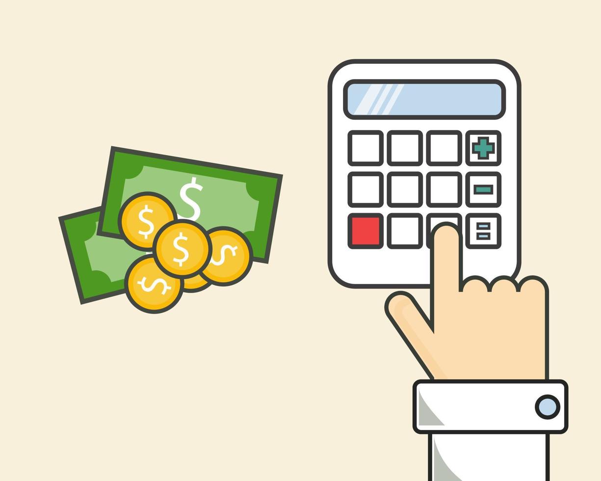 Finance or Tax concept. Hand with Calculator Bank notes and golden Coins. Cartoon vector style for your design.