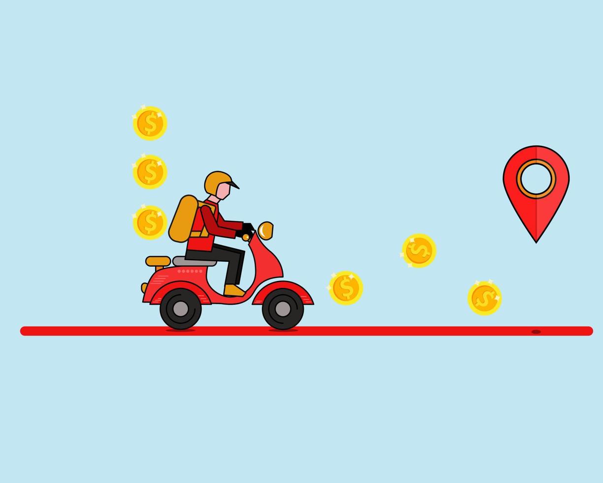 entrega de alimentos en el concepto de crisis covid-19. hay muchas monedas de oro, jinete con scooter para entregar comida. estilo de vector de dibujos animados para su diseño.