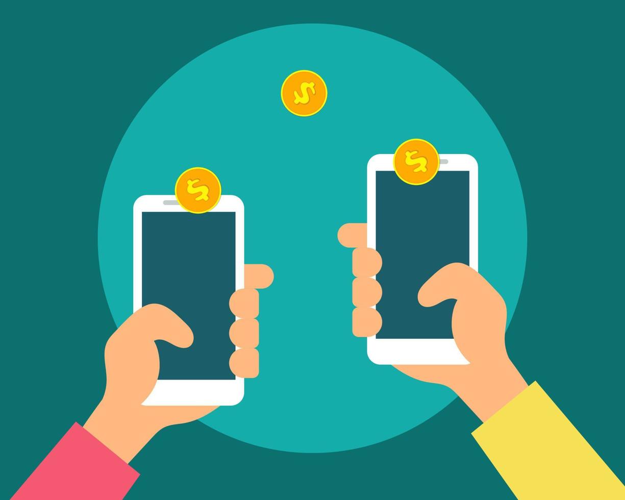 Online money tranfer concept. There are two mobile phone with golden coins. Cartoon vector style for your design