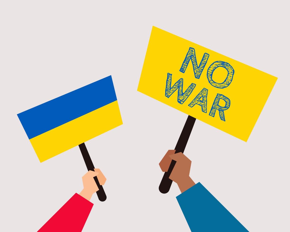Protest manifestation against war in Ukraine concept. Two hands hold massage about NO WAR IN UKRAINE. Cartoon vector style for your design