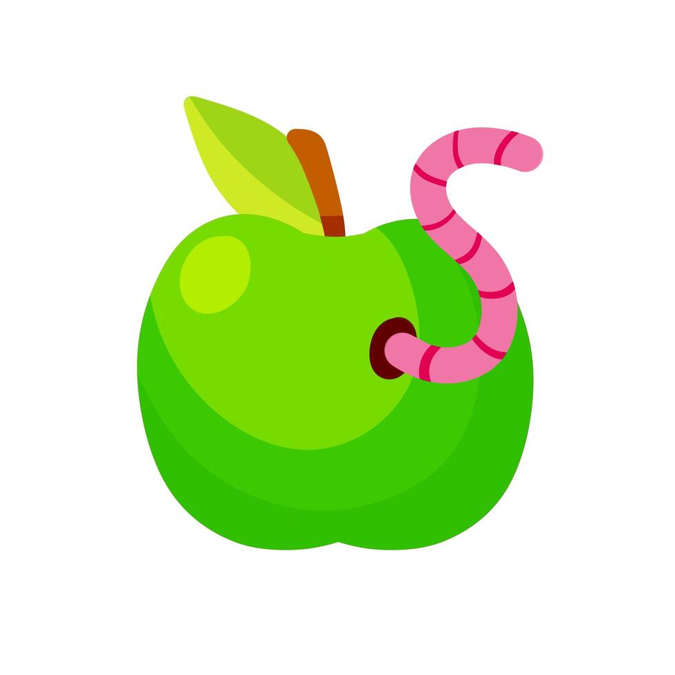 Green apple. Fruit with a worm. Flat cartoon illustration. Spoiled rotten food. vector