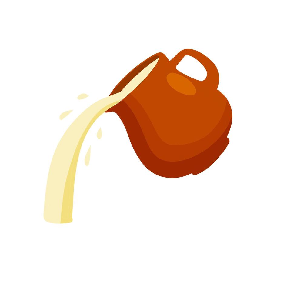 Clay pot. Earthenware jug pours milk. vector