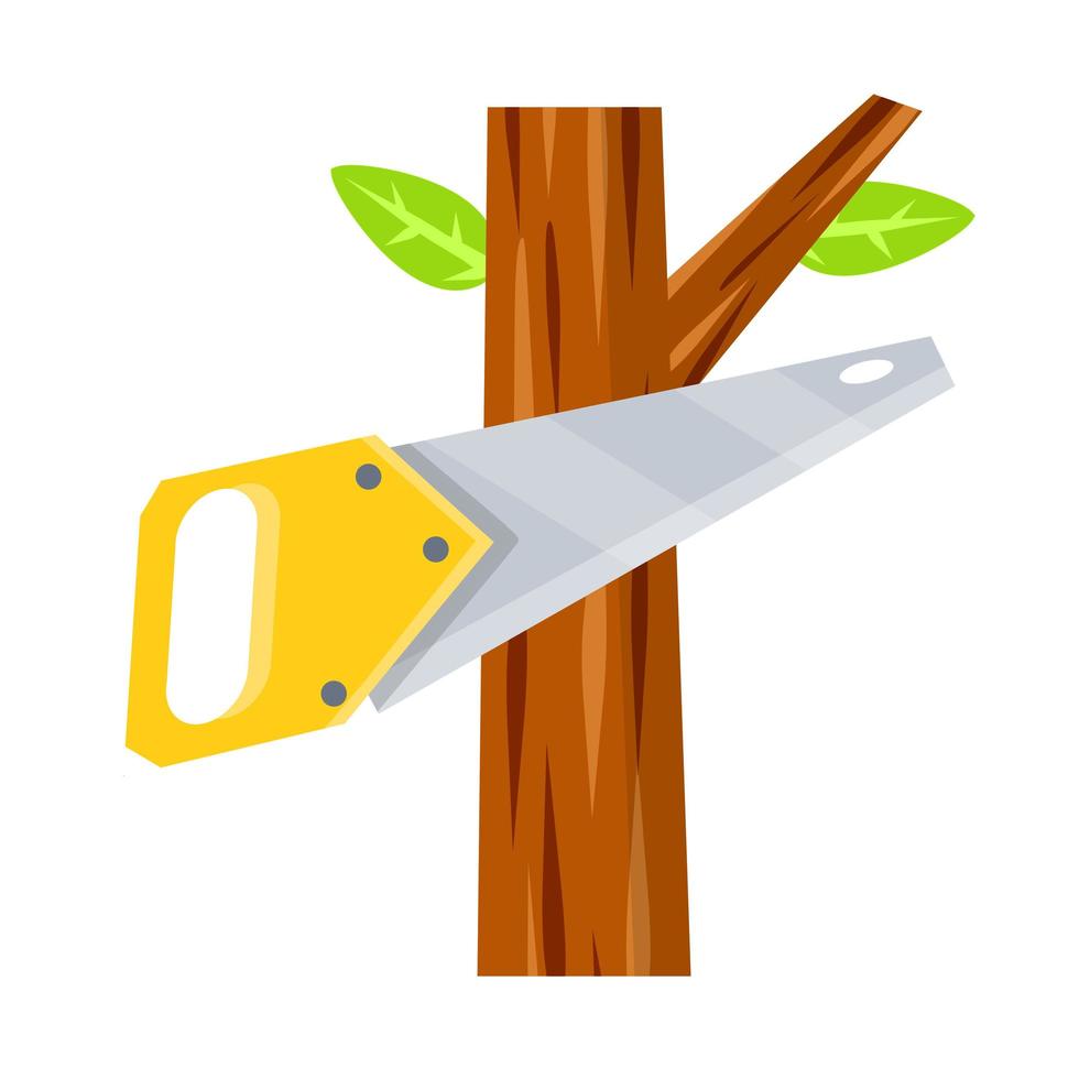 Saw cut tree branch. Tool of lumberjack. vector