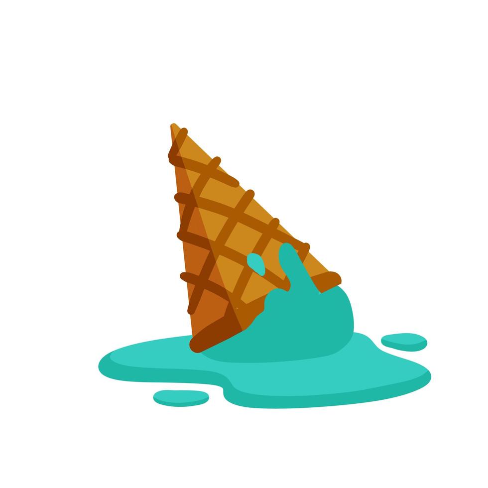 Melted ice cream in cone. Dessert fell to the ground. vector