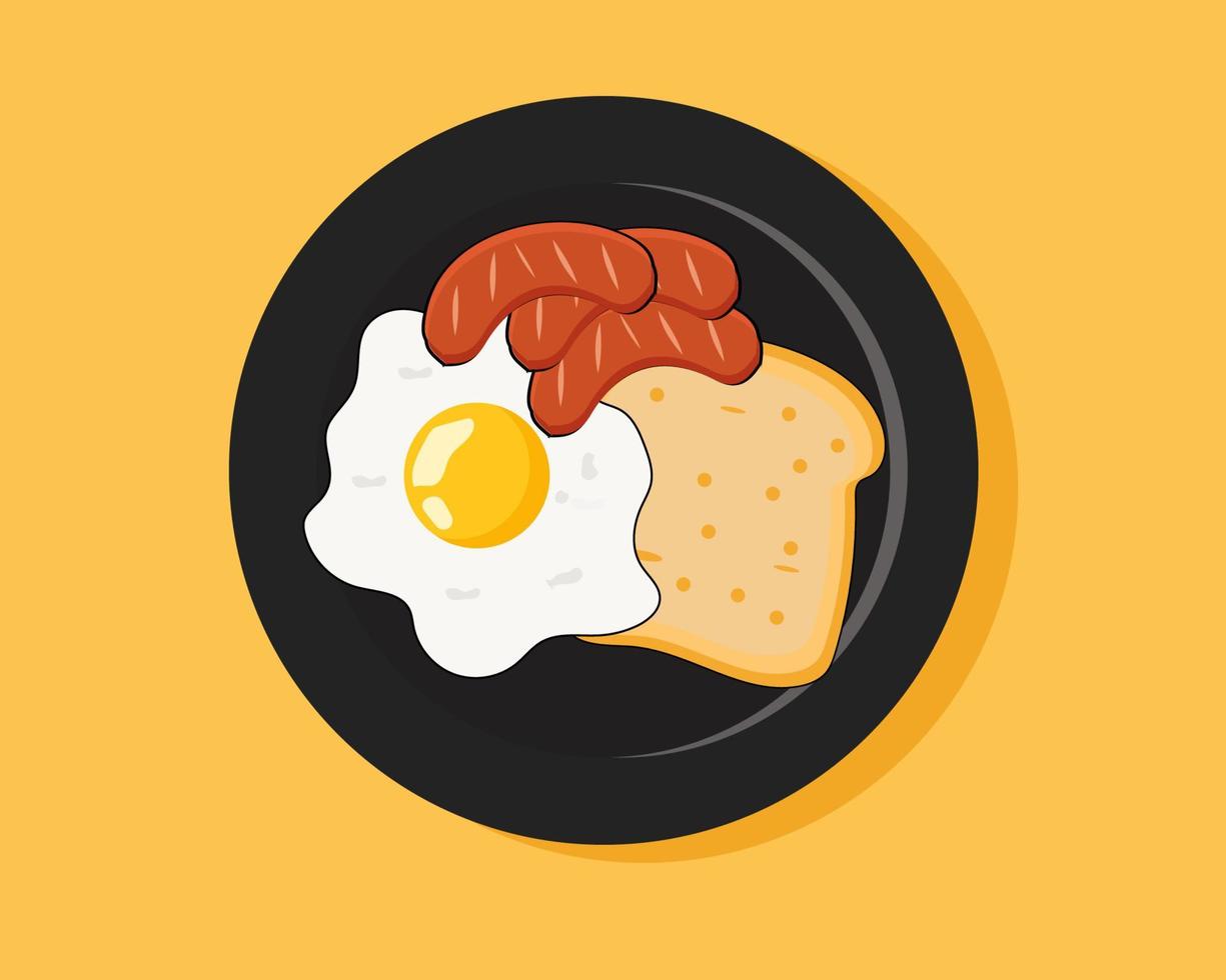 Cute cartoon vector. slices of bread with fried egg. sausages for breakfast concept vector