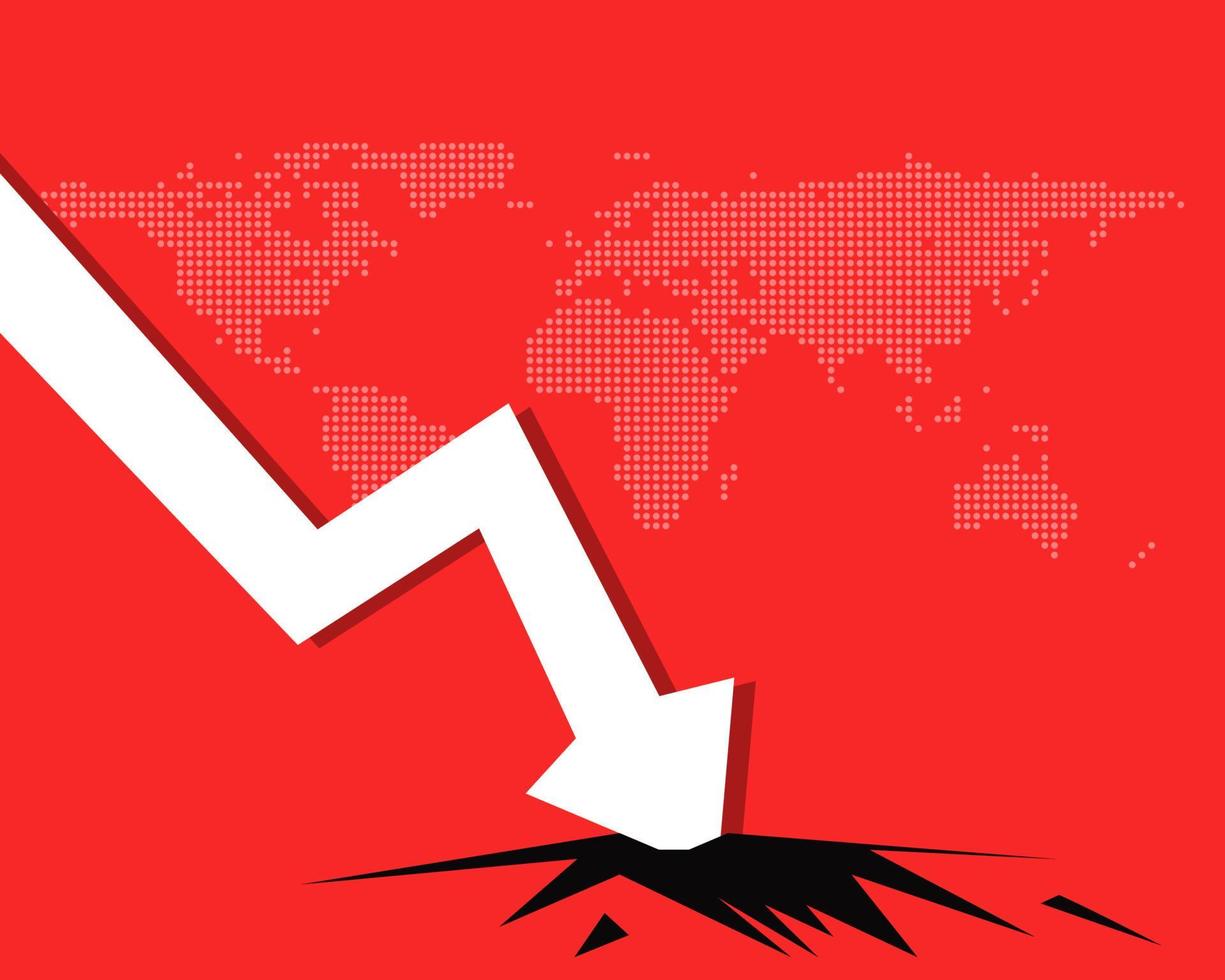 concepto de economía hacia abajo. hay una flecha hacia abajo sobre un fondo rojo con un mapa del mundo. vector