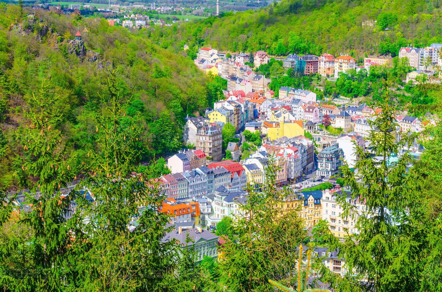 Karlovy Vary Carlsbad historical city centre top aerial view with colorful beautiful buildings photo