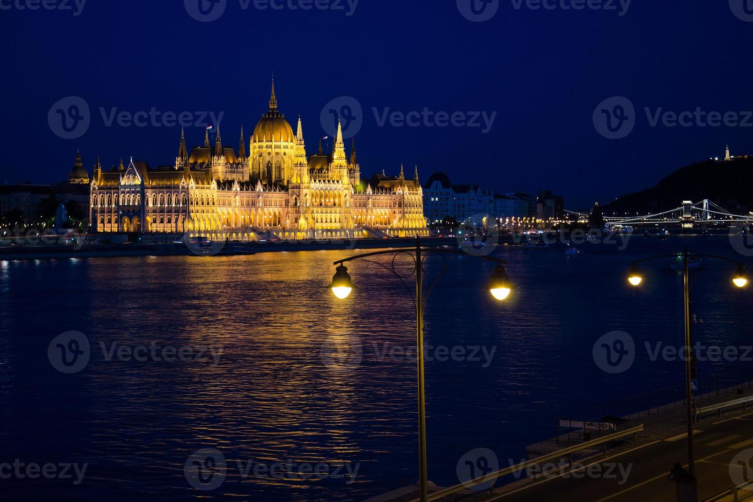 Aerial view of Parliament Building in the evening, Budapest, Hungary photo