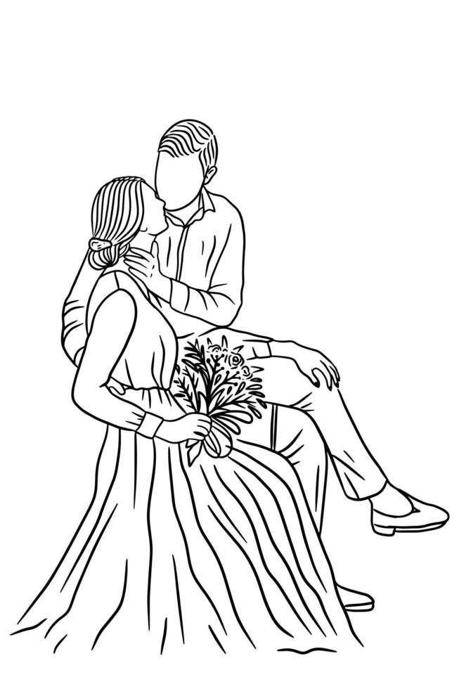 Couple Happy Wedding Women Men Wife Husband Line Art illustration vector