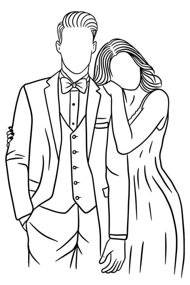 pareja feliz boda mujeres hombres esposa marido línea arte ilustración vector