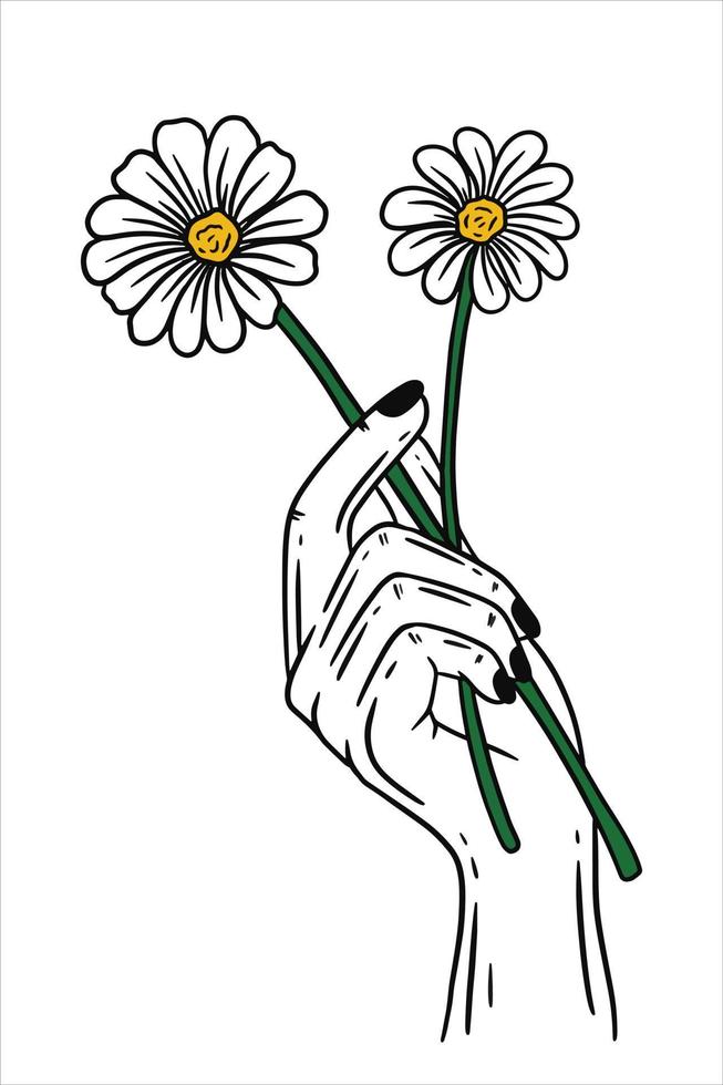 Women Hand Holding Rose Flower Gesture Flat line Art illustration vector