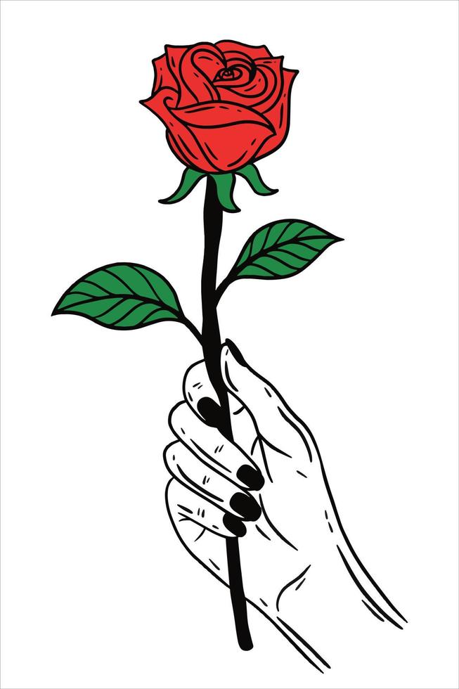 mujer mano sosteniendo rosa flor gesto línea plana arte ilustración vector