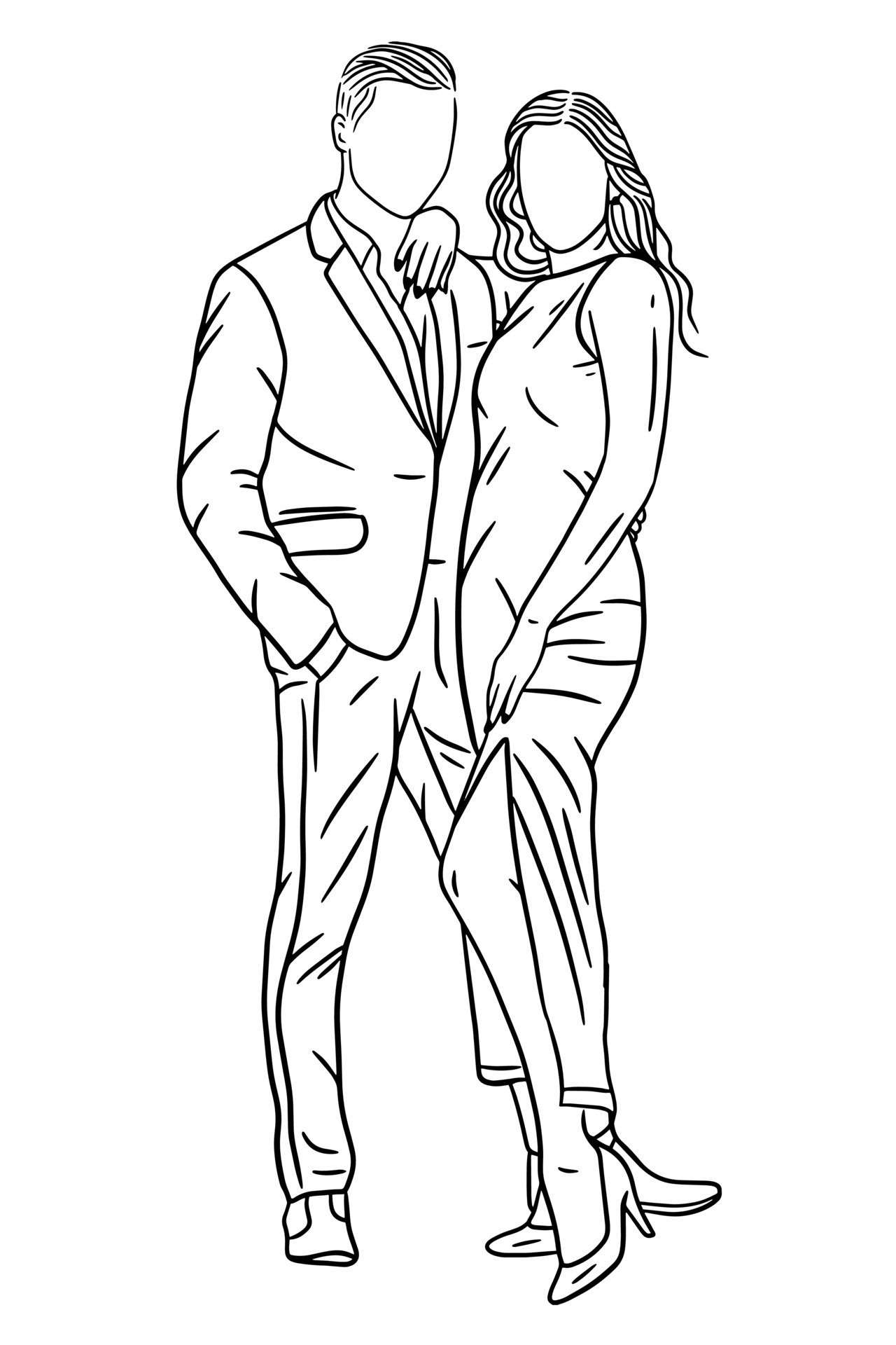 Couple Relax Line Pencil Drawing Vector Man Woman Happy Together