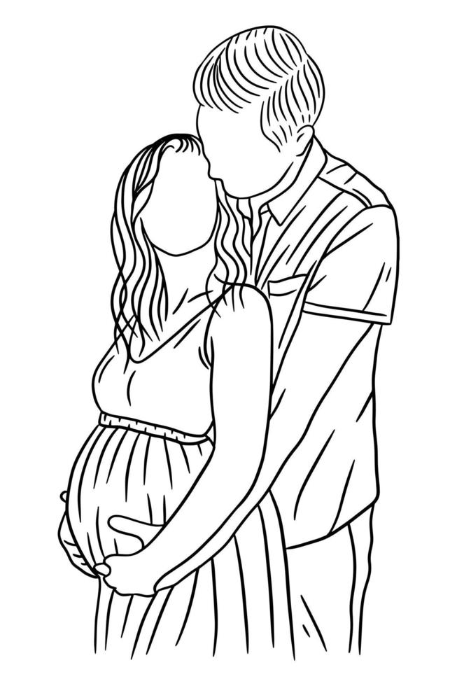 Happy Couple Maternity Pose Husband and Wife Pregnant Line Art illustration vector