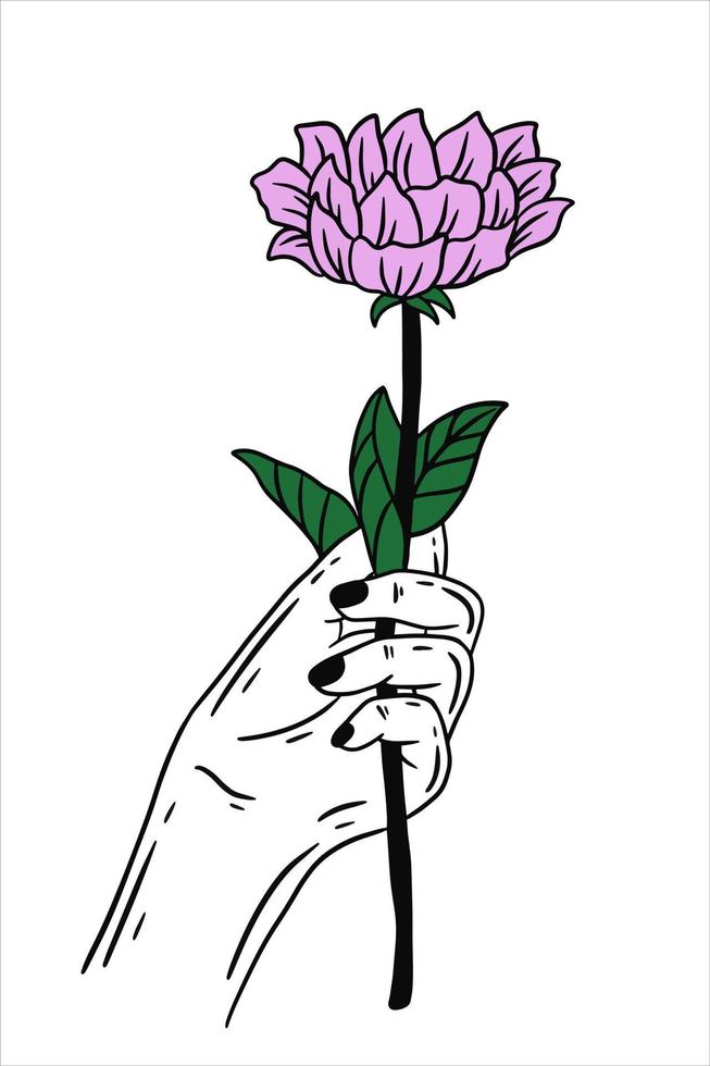 mujer mano sosteniendo rosa flor gesto línea plana arte ilustración vector