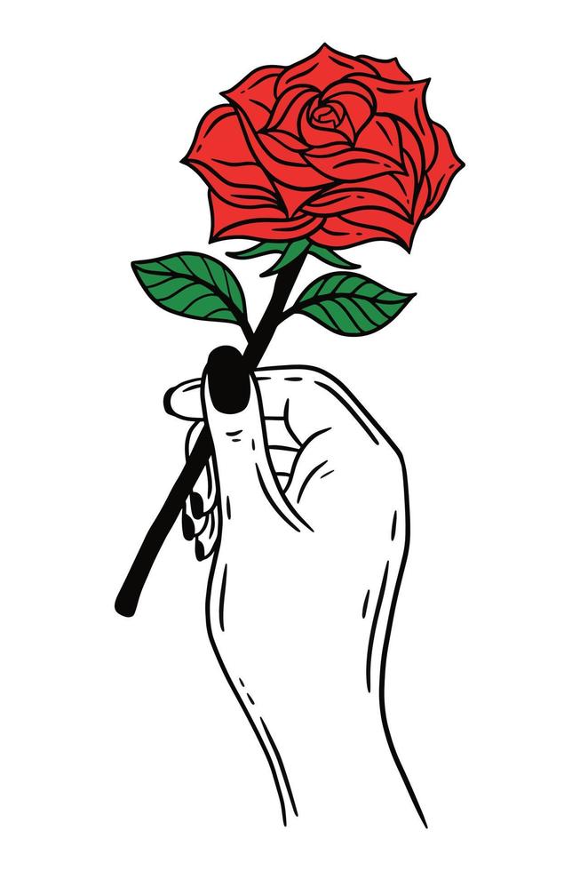 mujer mano sosteniendo rosa flor gesto línea plana arte ilustración vector