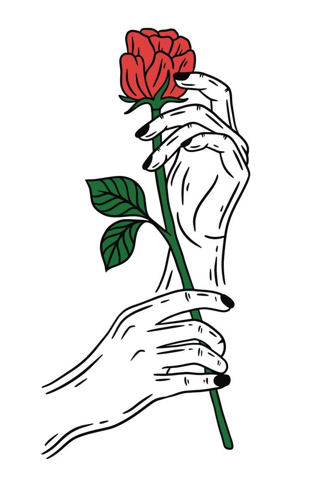 Women Hand Holding Rose Flower Gesture Flat line Art illustration