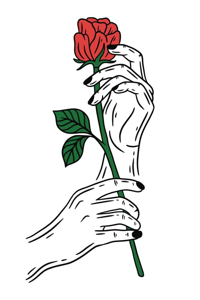 mujer mano sosteniendo rosa flor gesto línea plana arte ilustración vector