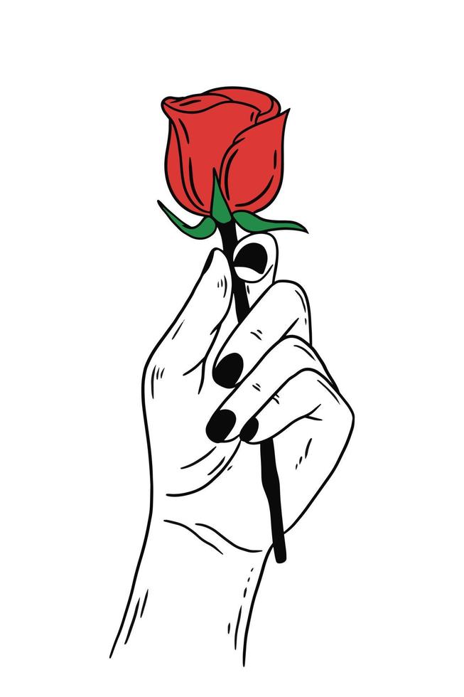 mujer mano sosteniendo rosa flor gesto línea plana arte ilustración vector