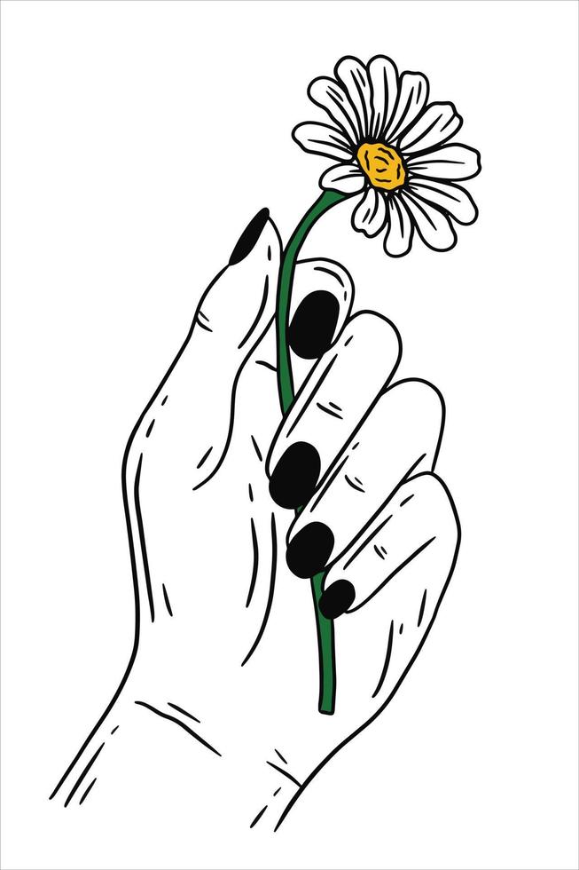 Women Hand Holding Rose Flower Gesture Flat line Art illustration vector