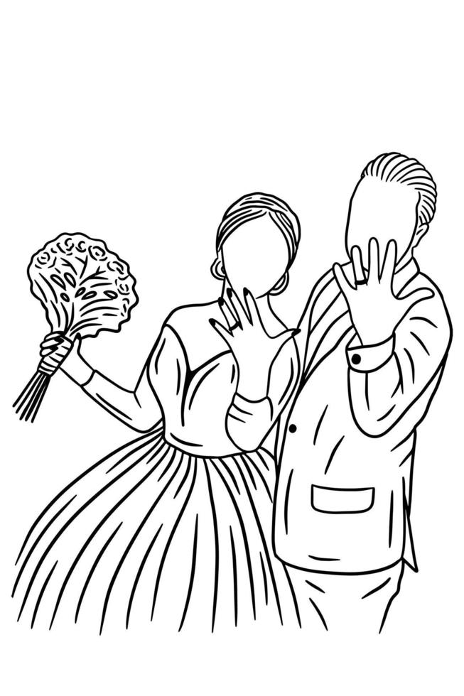 Couple Happy Wedding Women Men Wife Husband Line Art illustration vector