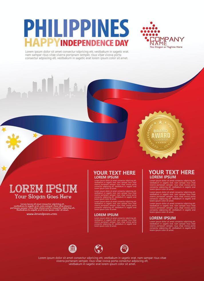 Philippines happy National Day background template with ribbon flags and silhouette city for a poster leaflet and brochure vector