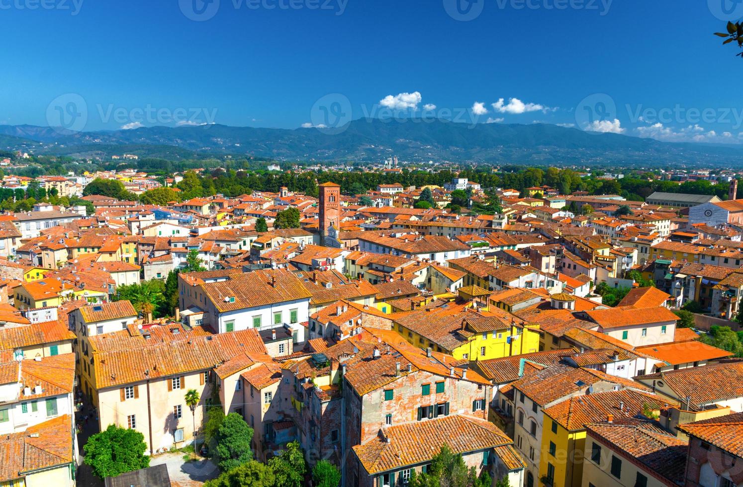 Aerial top panoramic view of historical centre medieval town Lucca photo