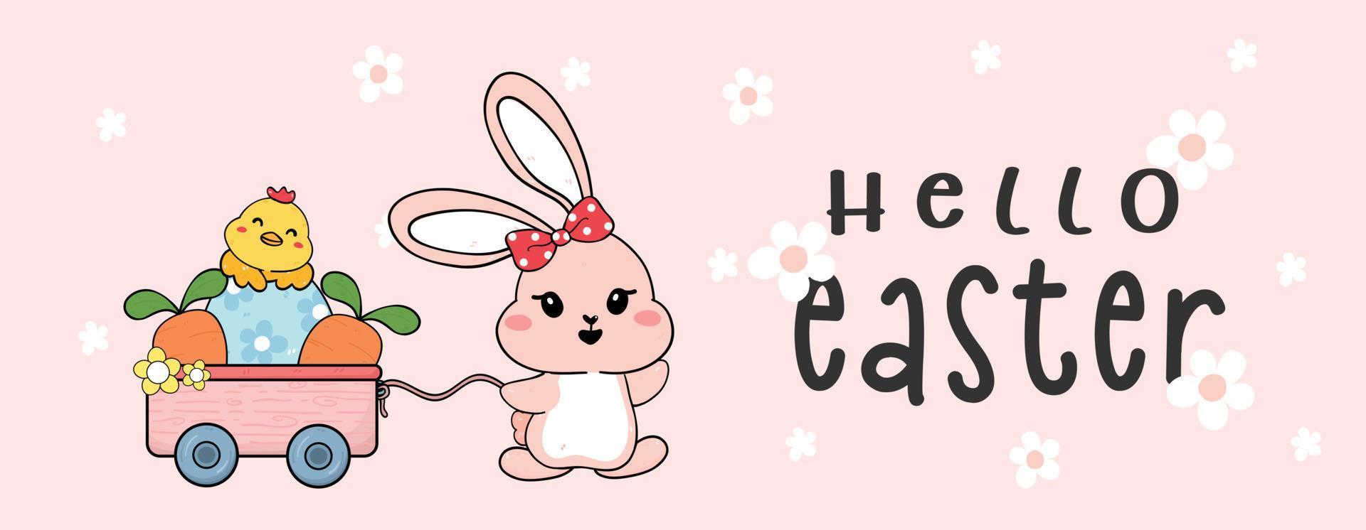 Cute Happy white baby bunny rabbit with easter eggs and baby chicken, Happy Easter, cartoon drawing outline banner vector