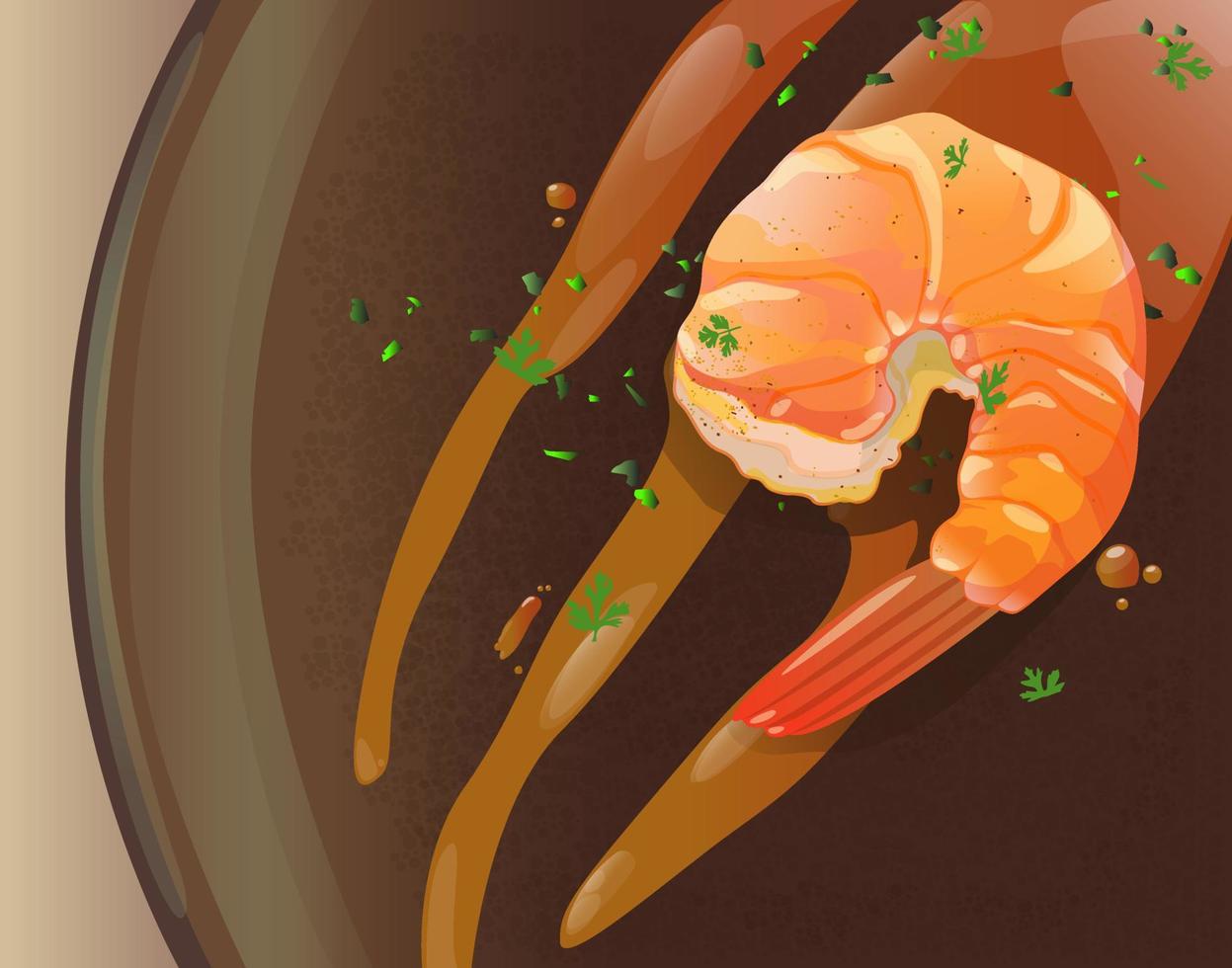 juicy shrimp with sauce on wooden plate vector