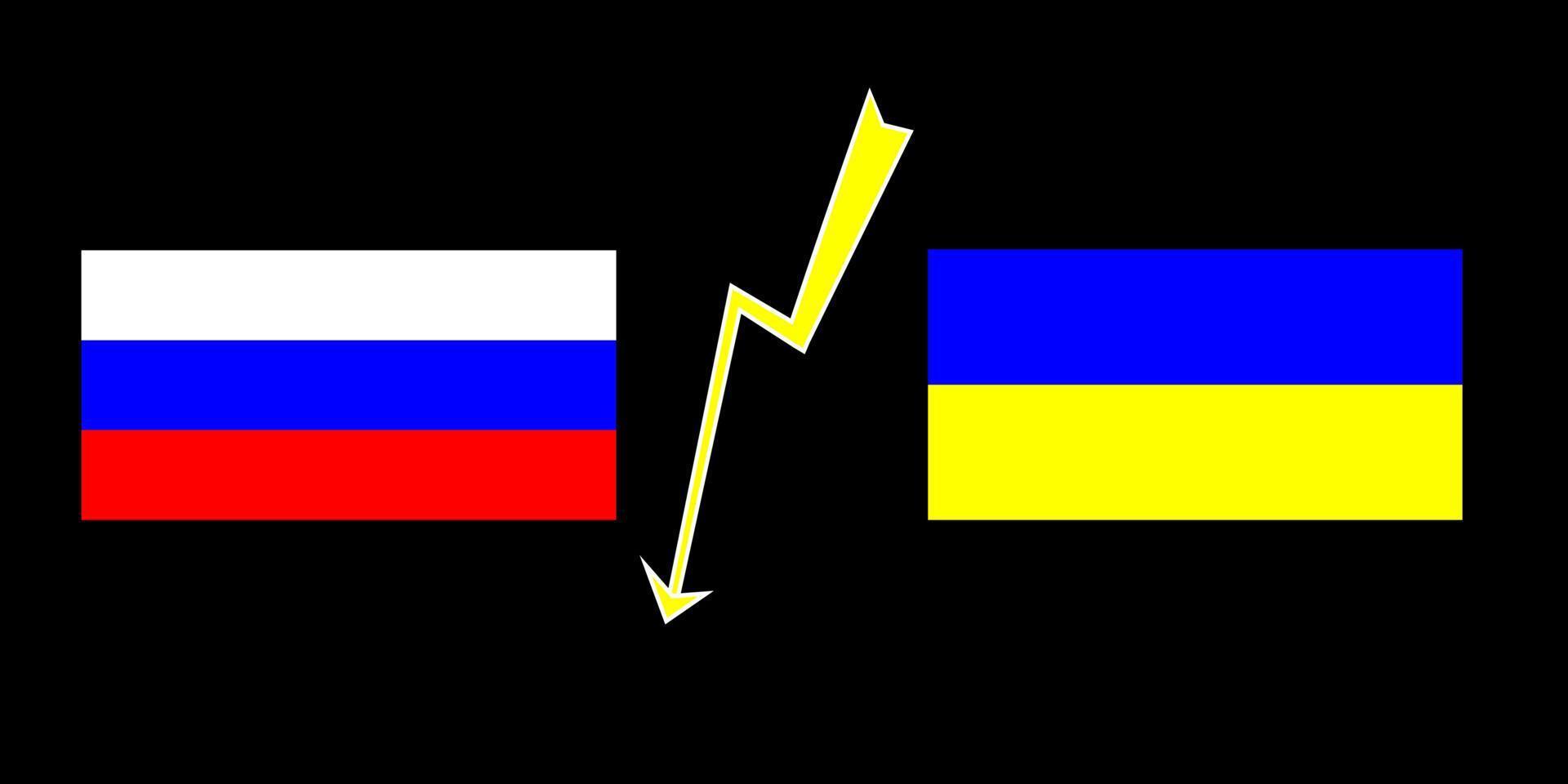 The flag of Russia and Ukraine separated by lightning. The confrontation between the two countries. The concept of war and aggression. Vector graphics.