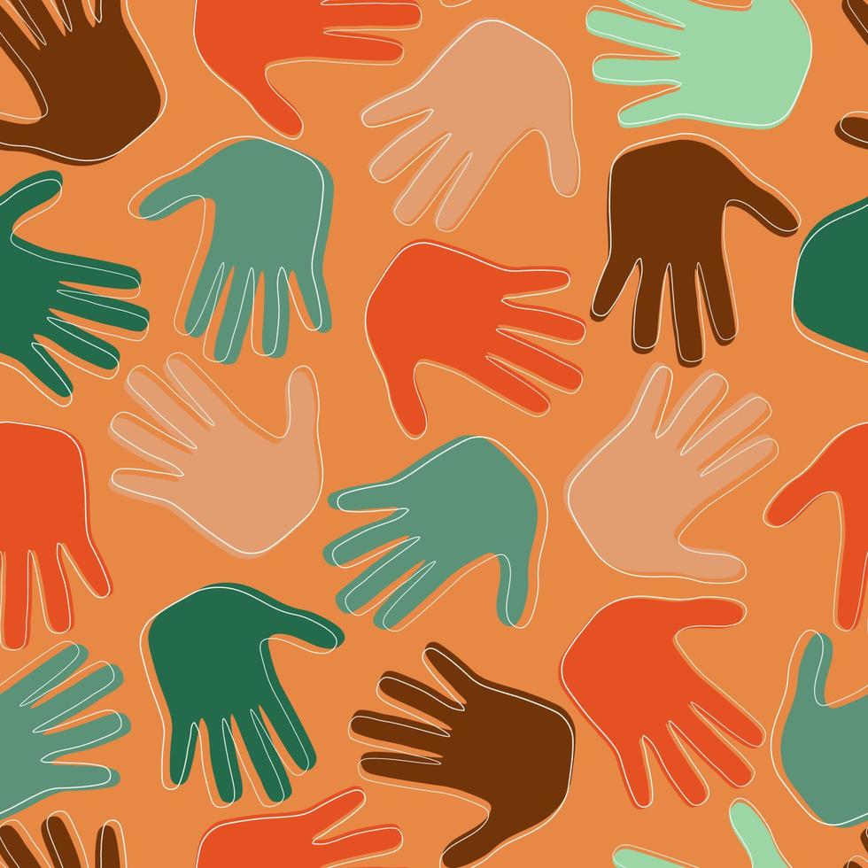 Seamless pattern with multicolored palms of hands. The concept of equality, unity, friendship between people. Vector graphics.