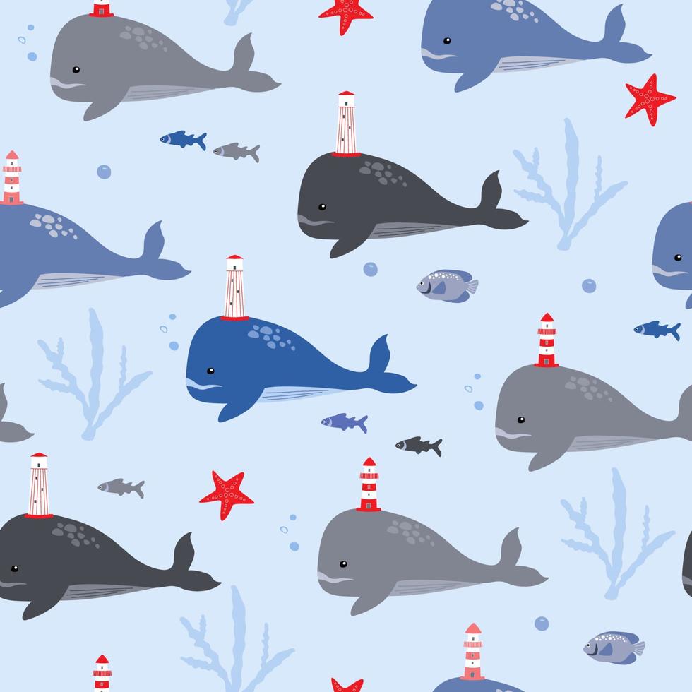 patrón impecable de ballenas con faros en la espalda. estampado marino con peces, estrellas de mar. gráficos vectoriales vector
