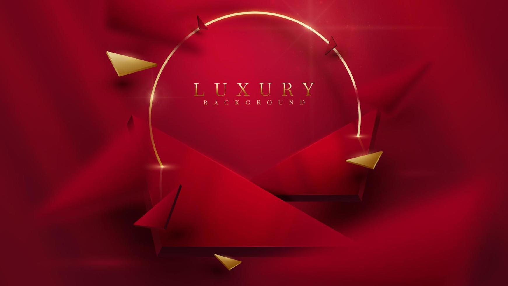 Red luxury background. 3d triangle shape element with golden curve line and glitter light with blurred effect decoration. vector