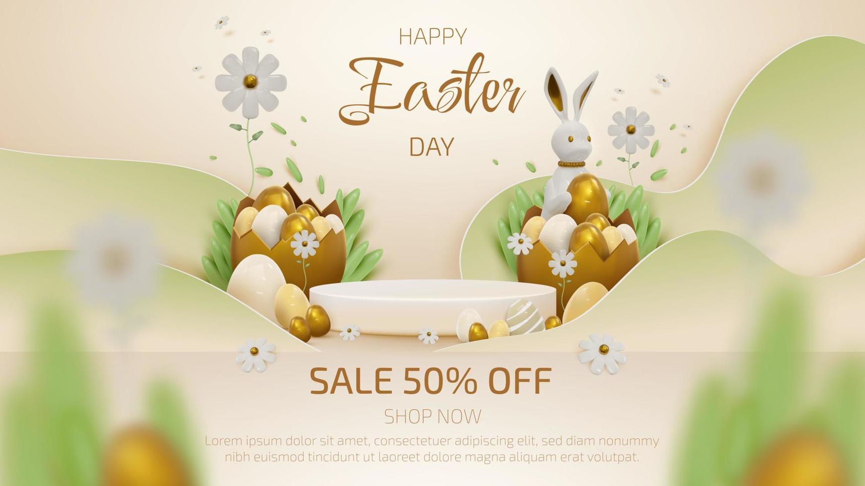 Podium and 3d realistic bunny with gold easter egg elements and flower with grass decorations. vector