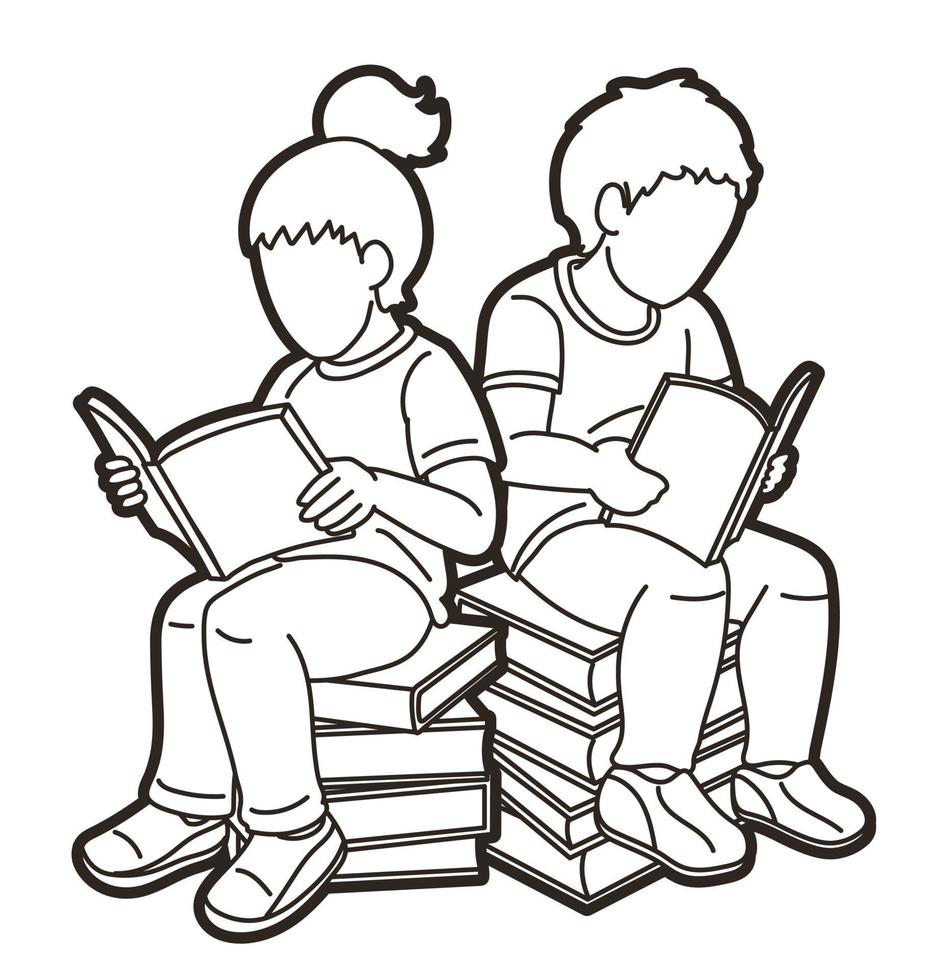 niño y niña leyendo libros juntos vector