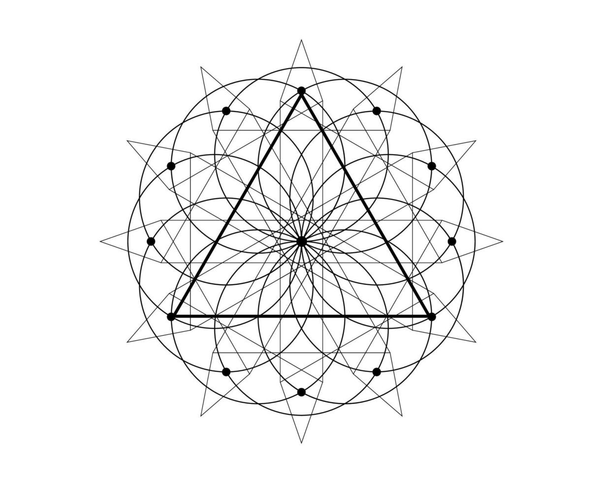Sacred Geometry magic triangle symbol, third Eye sign. Geometric mystic mandala of alchemy esoteric Flower of Life. Black line art vector circle divine meditative amulet isolated on white background