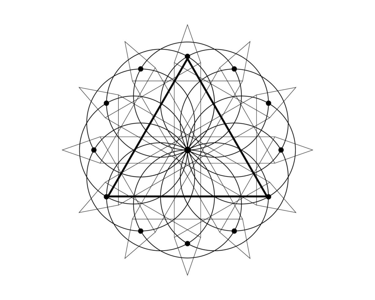 Símbolo de triángulo mágico de geometría sagrada, signo del tercer ojo. mandala mística geométrica de alquimia flor esotérica de la vida. línea negra arte vector círculo divino amuleto meditativo aislado sobre fondo blanco