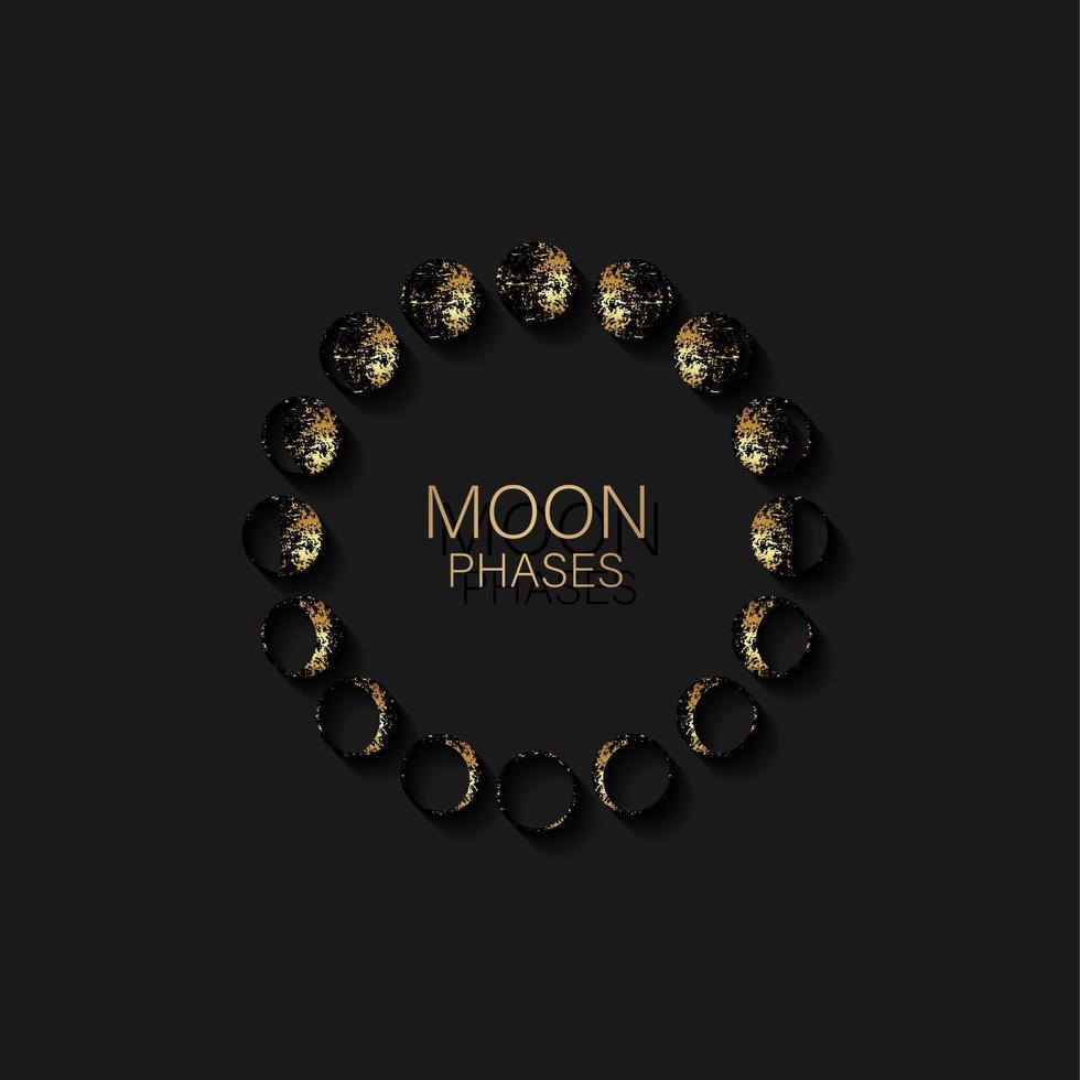 Moon phases astronomy icon set in gold foil round frame lunar cycle, full moon, waning, waxing, first quarter, gibbous, crescent, third quarter. Vector Illustration on black background