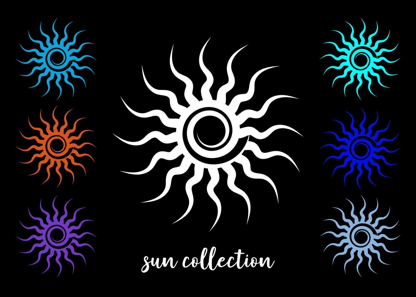 Set colorful Tribal Sun Tattoo Sonnenrad Symbol, sun wheel sign. Summer icon. The ancient European esoteric element. Logo Graphic element spiral shape. Vector design isolated or black background