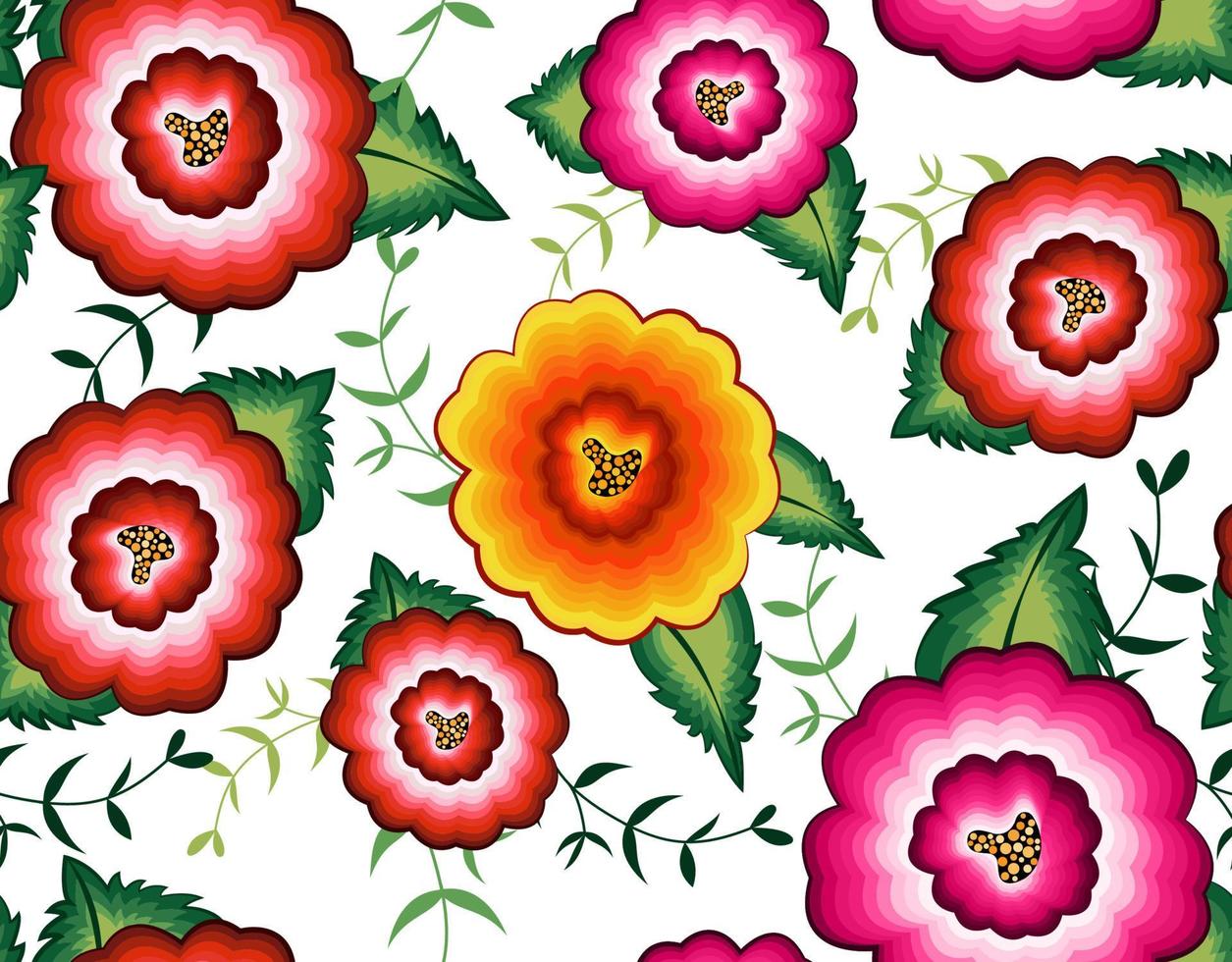 Patrón de bordado floral mexicano transparente, diseño de moda popular de coloridas flores nativas. Bordado de estilo textil tradicional de México, vector aislado sobre fondo blanco.