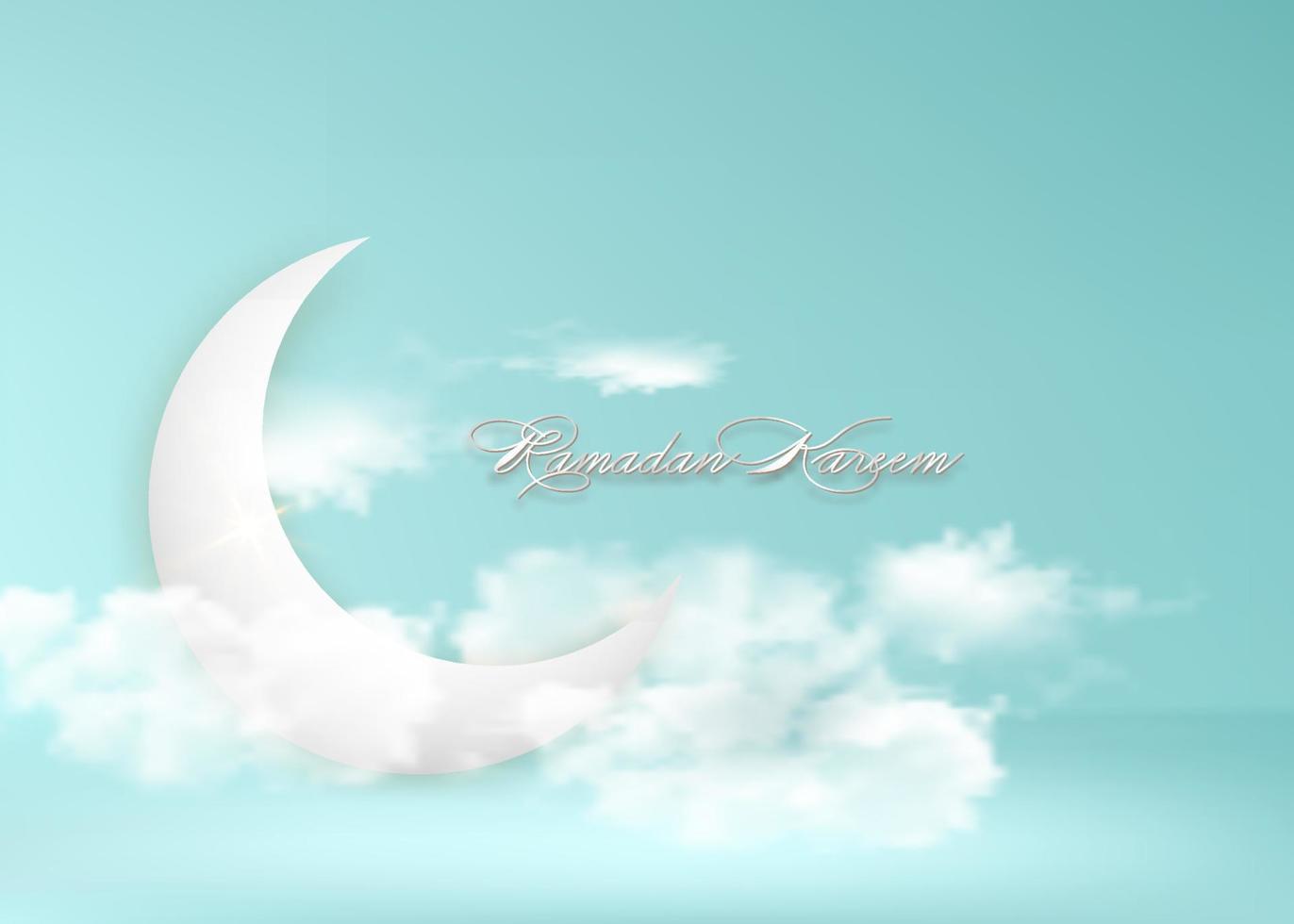 Crescent moon arabic Islamic symbol Ramadan Kareem in the sky concept for Muslim community festival. Banner template vector illustration on blue sky background