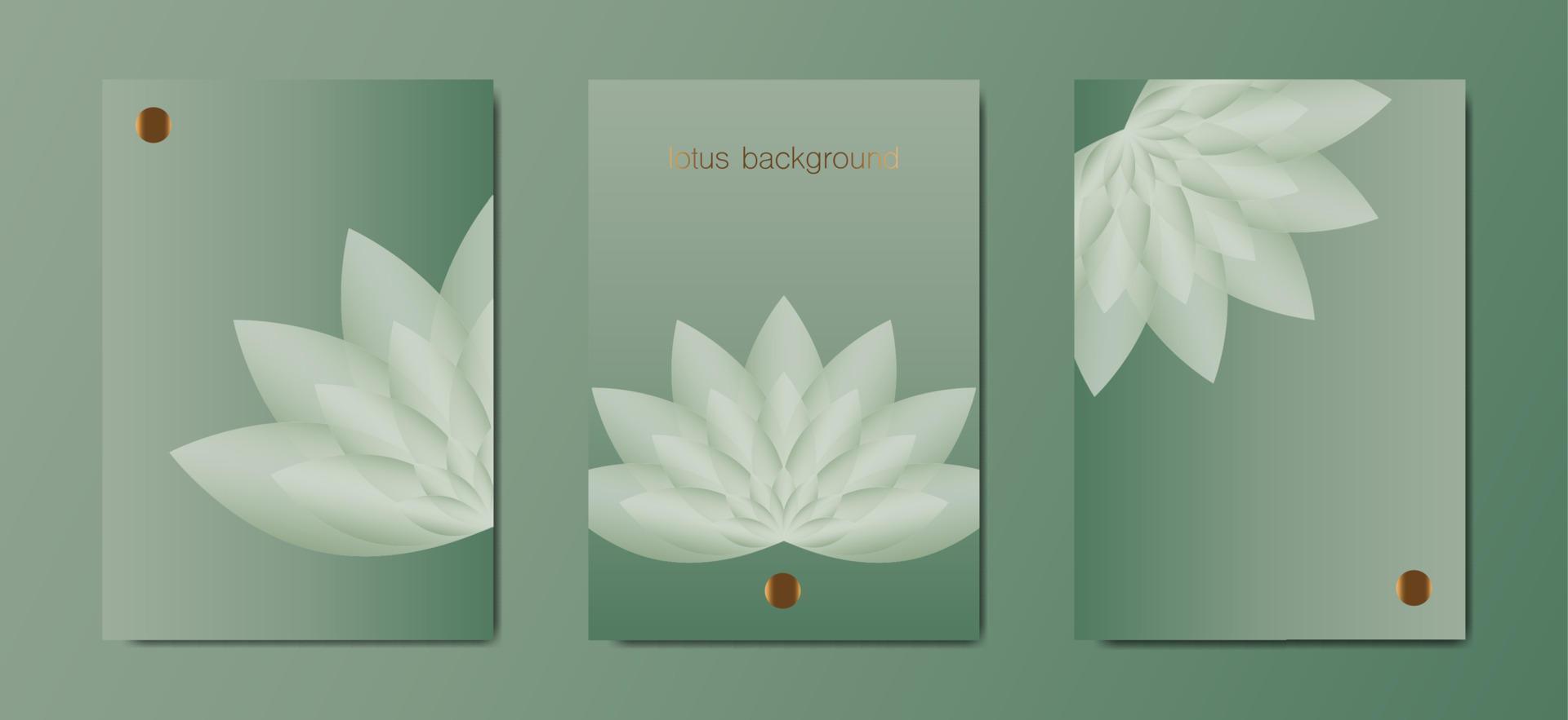 plantilla de conjunto de banner de loto, flor verde de tarjetas de vida. geometría sagrada. símbolo de armonía y equilibrio. señal de pureza. vector de diseño de chakra yoga aislado sobre fondo verde antiguo