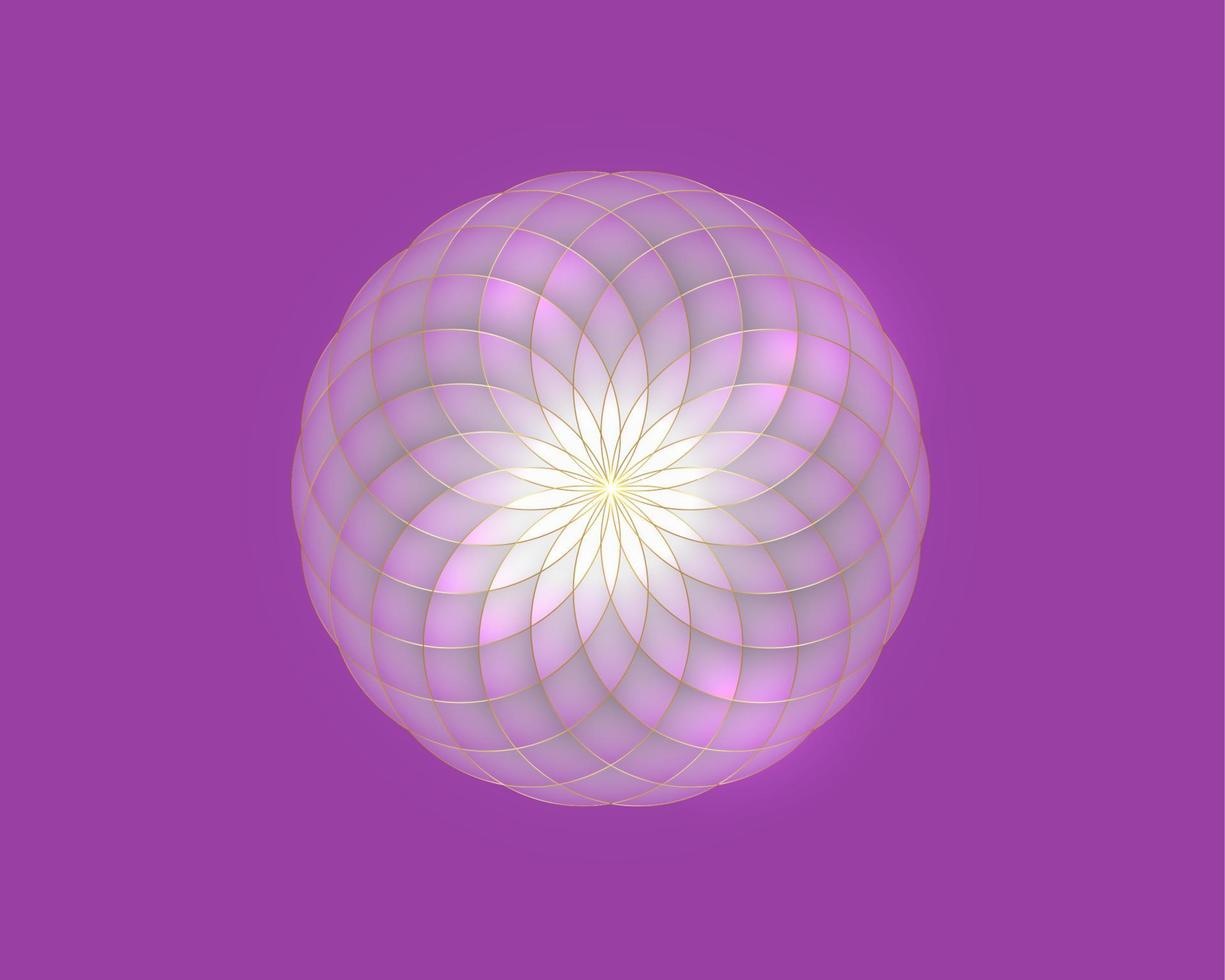 Pink Lotus, Flower of Life. Sacred Geometry. Mandala Symbol of Harmony and Balance. Sign of purity. Shiny Flower logo design vector isolated on purple background