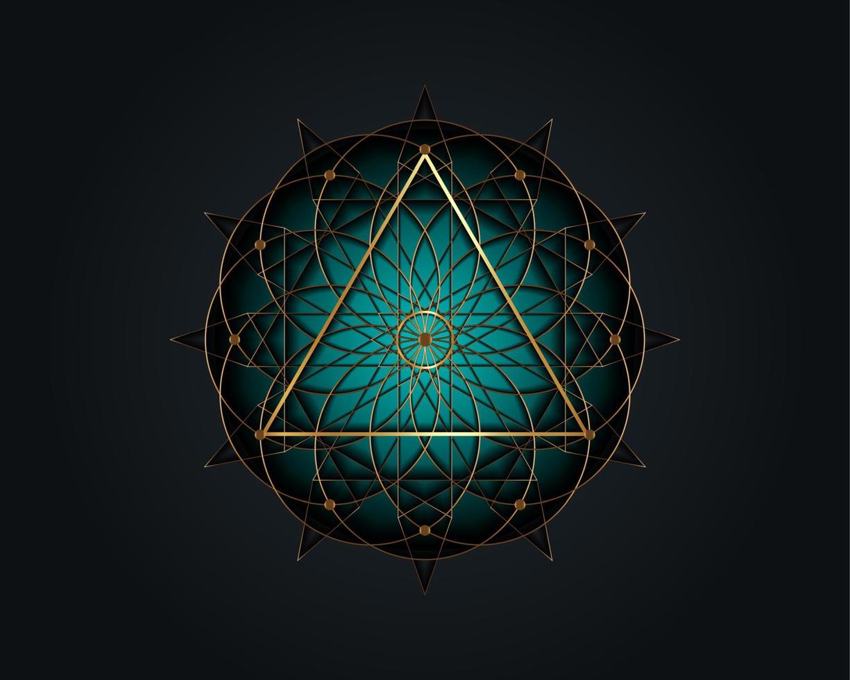Sacred Geometry magic triangle symbol, third Eye sign. Geometric mystic mandala of alchemy esoteric Flower of Life. Gold line art vector circle divine meditative amulet isolated on black background