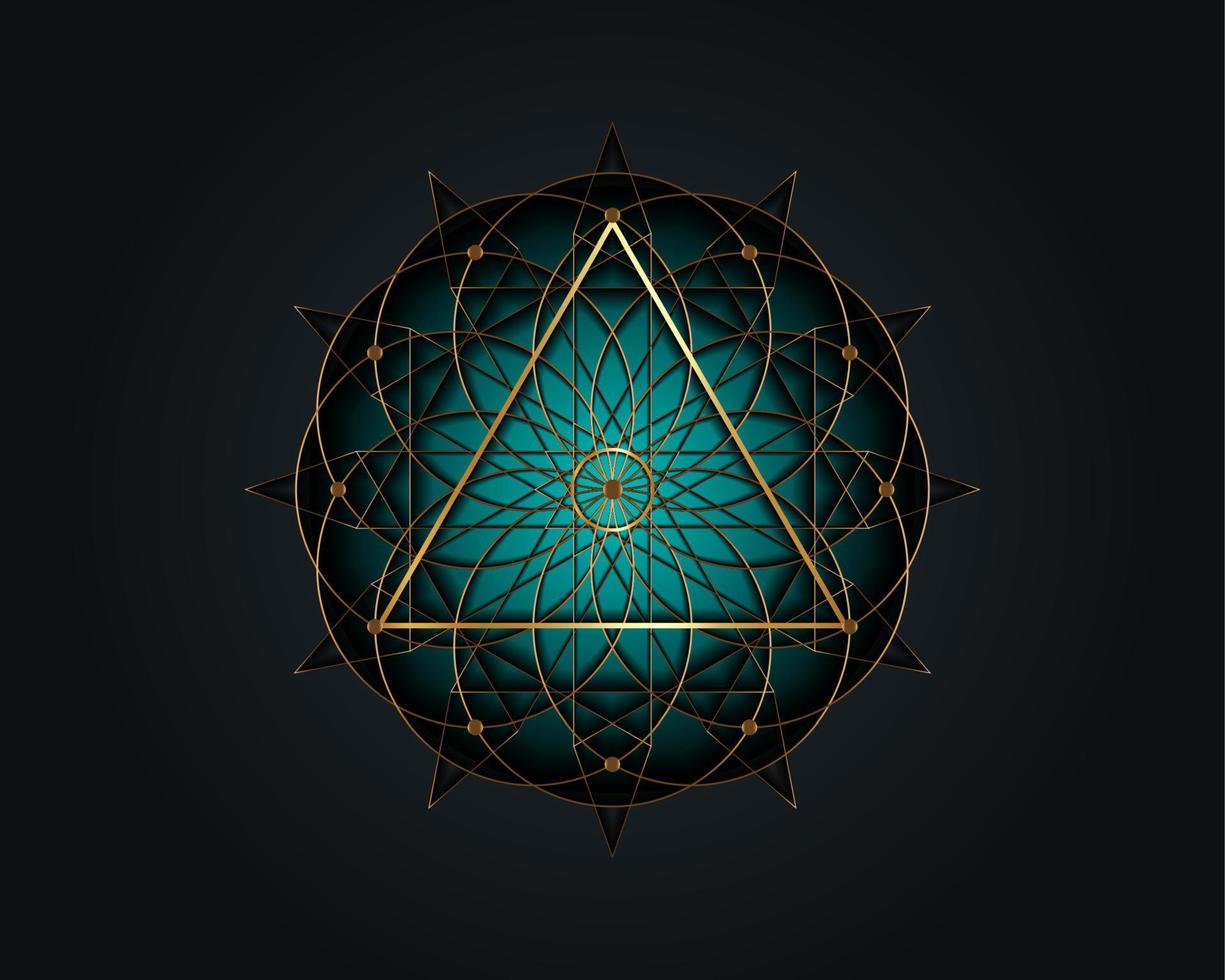 Símbolo de triángulo mágico de geometría sagrada, signo del tercer ojo. mandala mística geométrica de alquimia flor esotérica de la vida. línea de oro arte vector círculo divino amuleto meditativo aislado sobre fondo negro