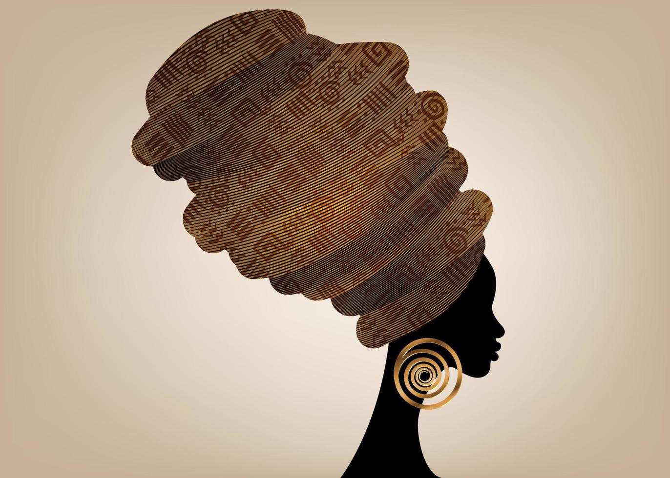 portrait beautiful African woman in traditional turban handmade tribal African Kente head wrap with ethnic gold earrings, black women Afro curly hair, vector silhouette isolated on vintage background