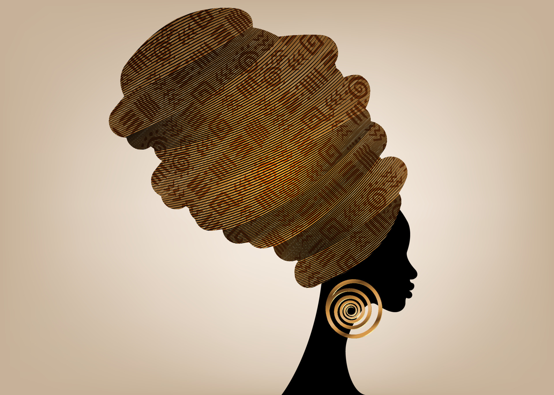 portrait beautiful African woman in traditional turban handmade tribal  African Kente head wrap with ethnic gold earrings, black women Afro curly  hair, vector silhouette isolated on vintage background 6145262 Vector Art at